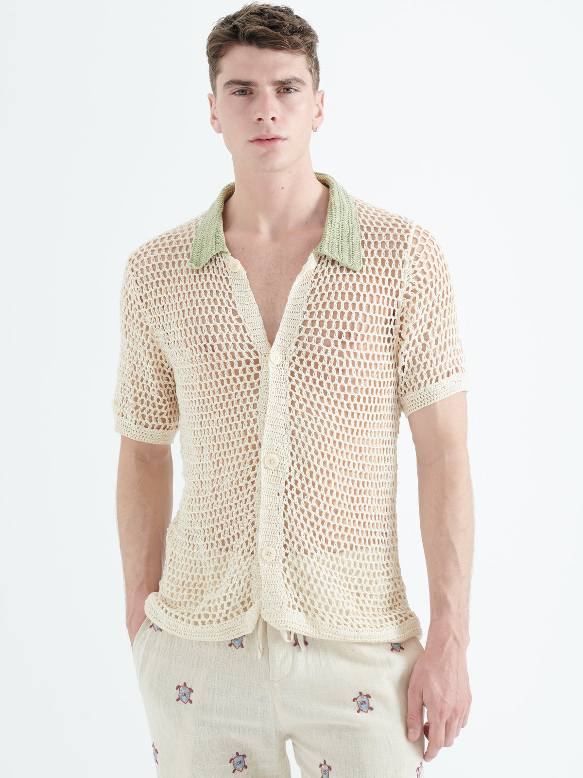 Crochet Knitted Cotton Shirt in Off White