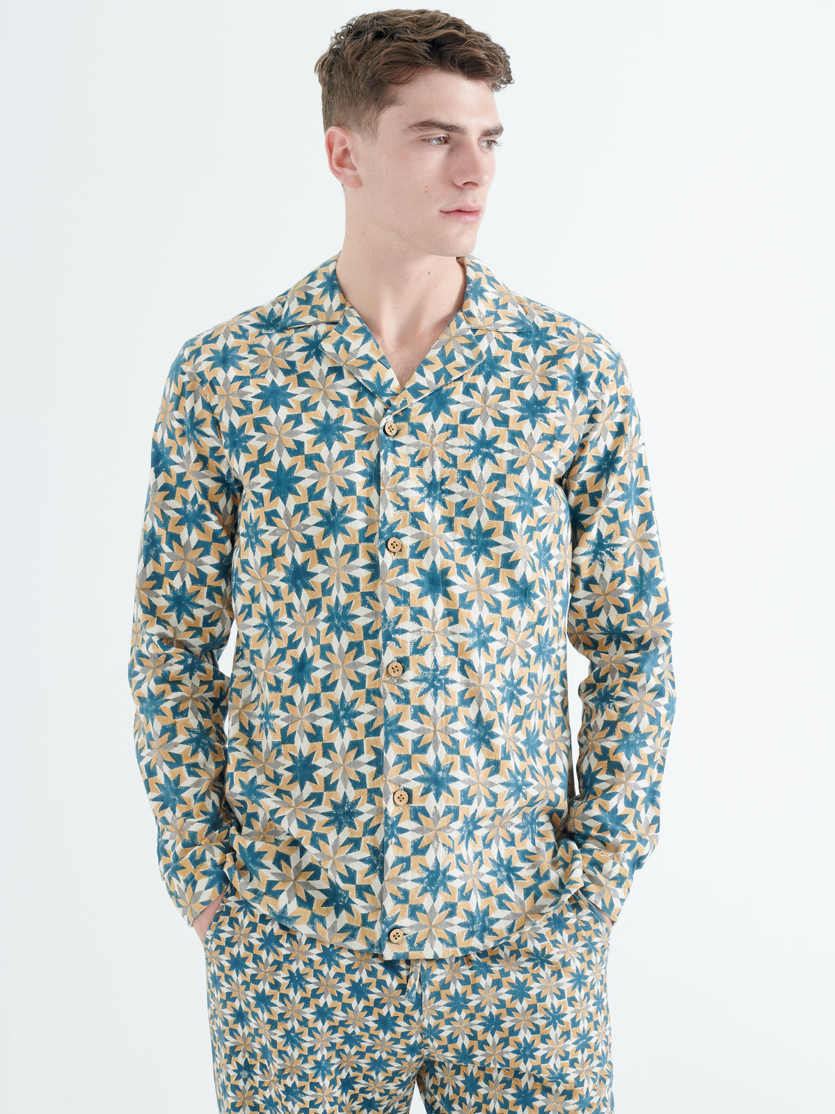 Paloma Organic Cotton Shirt in Yellow and Green Block Print