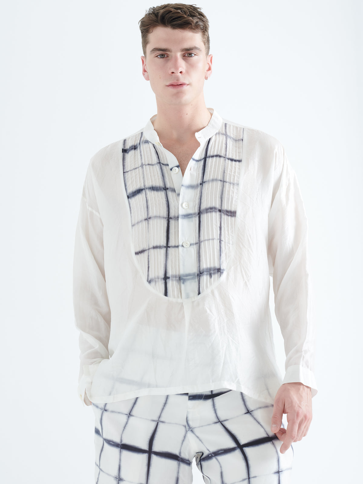 Cavalet Silk Shirt in White and Black Bib