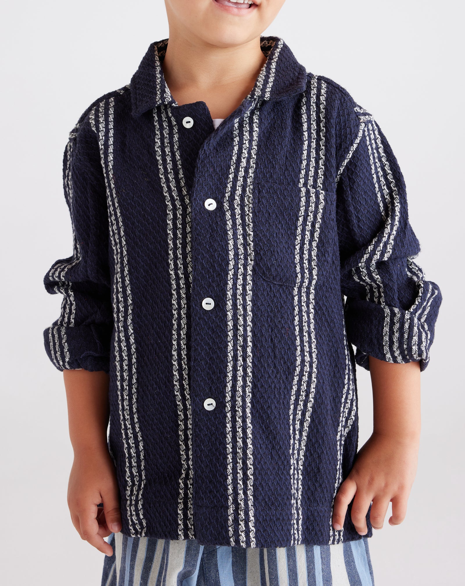 Kids Enamorados Cotton Waffle Shirt in Navy and White
