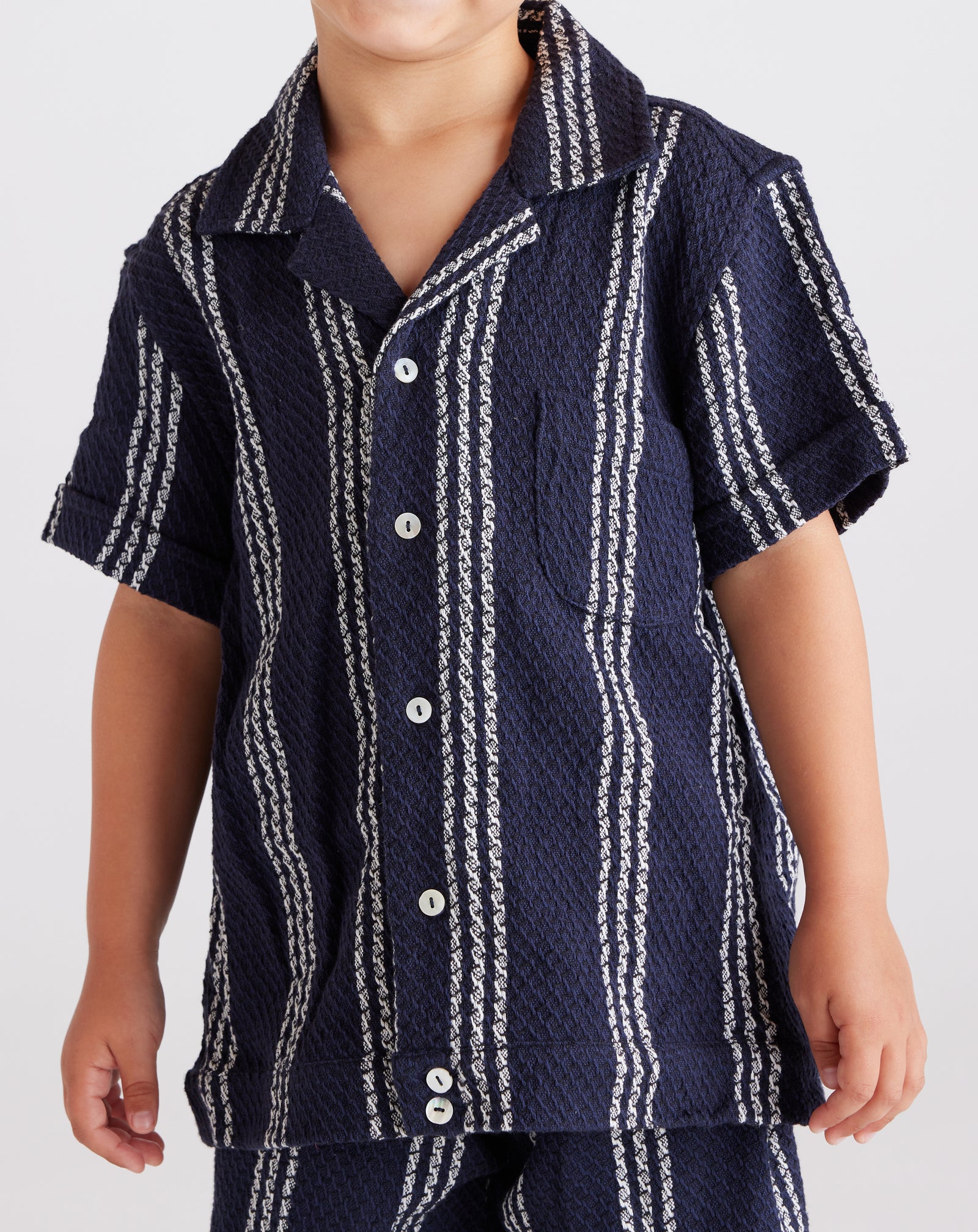 Kids Paraiso Cotton Waffle Shirt in Navy and White