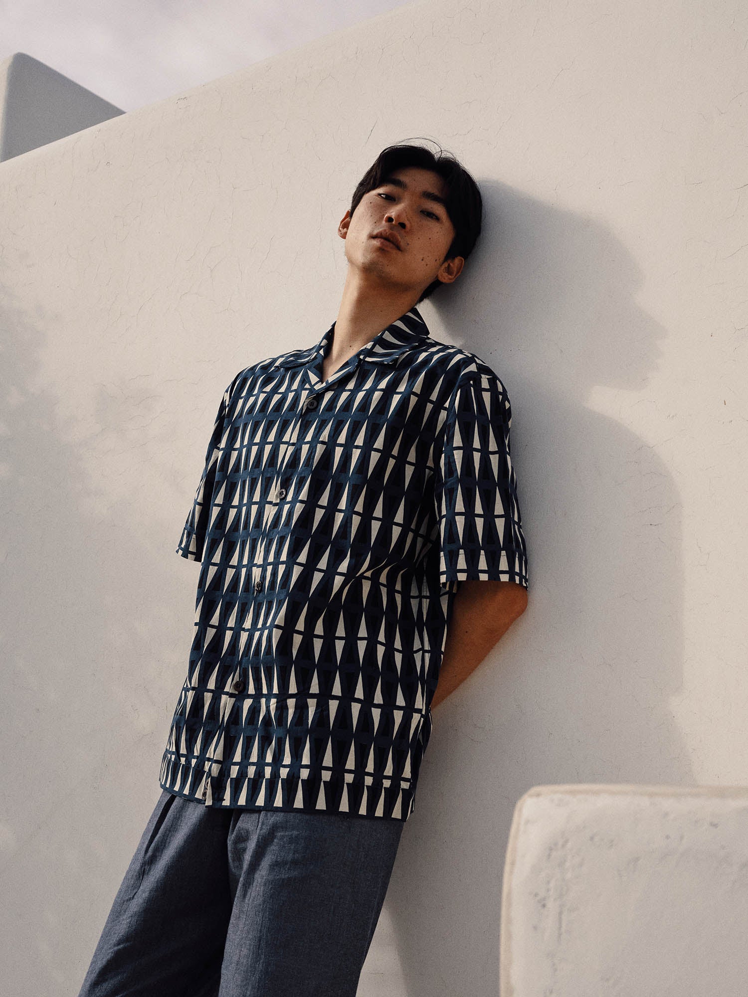 Bakoven Shirt in Night, Ocean and Ivory, Mens Cotton Shirt, Mens Navy Cotton Shirt, Mens Short Sleeve Shirt, Designer Shirts for Men, Mens Patterned Shirt, Bowler Shirt