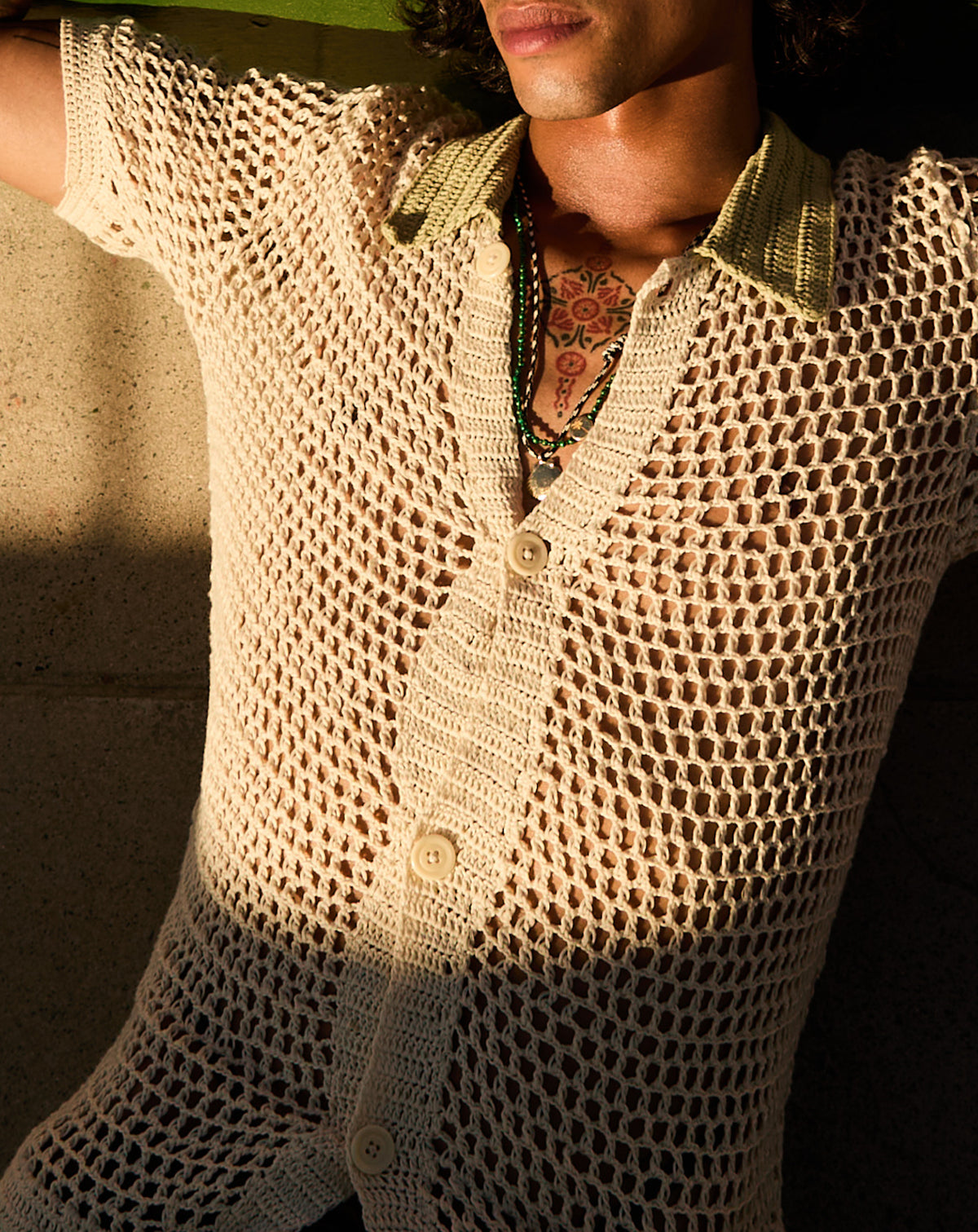 Crochet Knitted Cotton Shirt in Off White