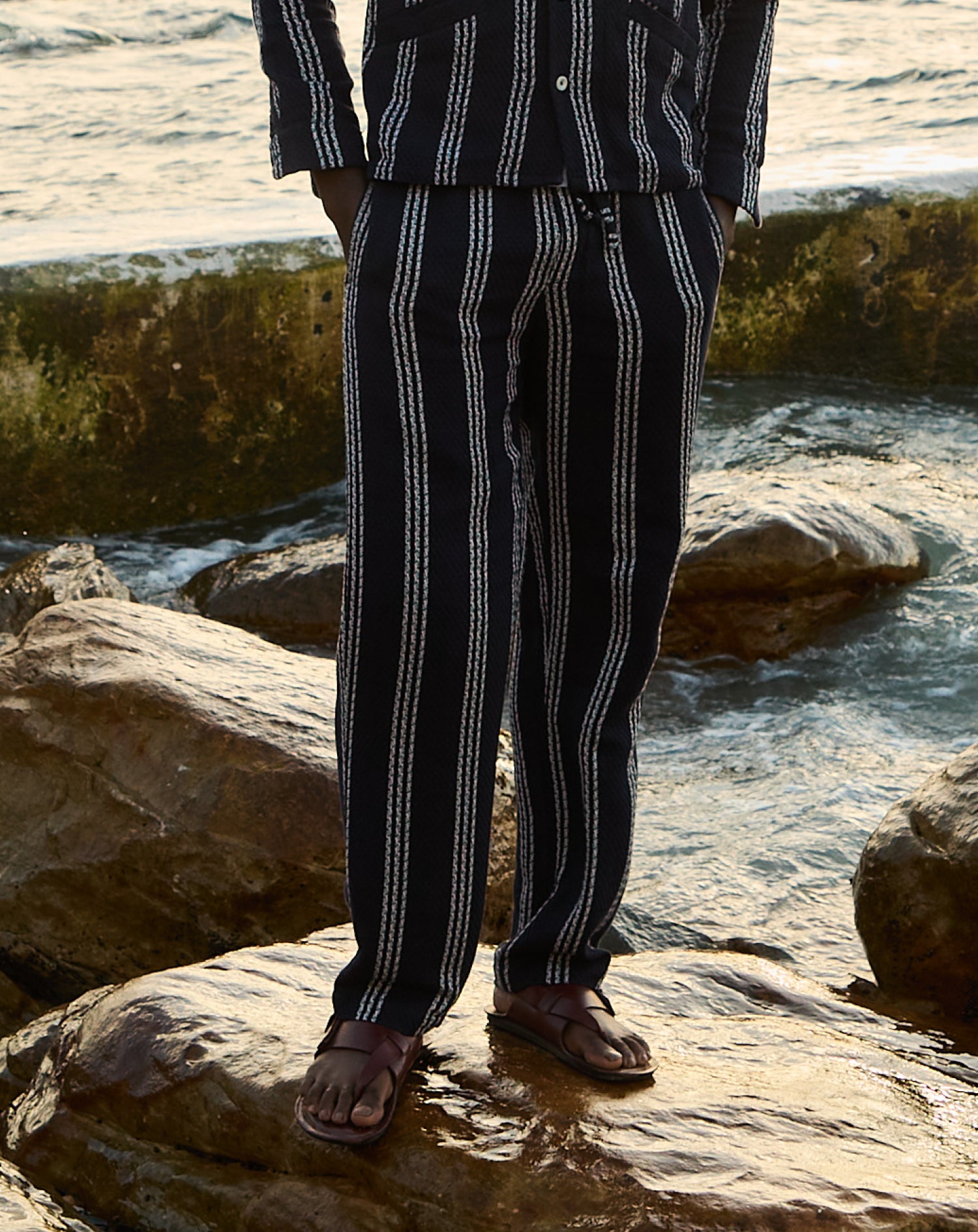 Malibu Cotton Waffle Trousers in Navy and White