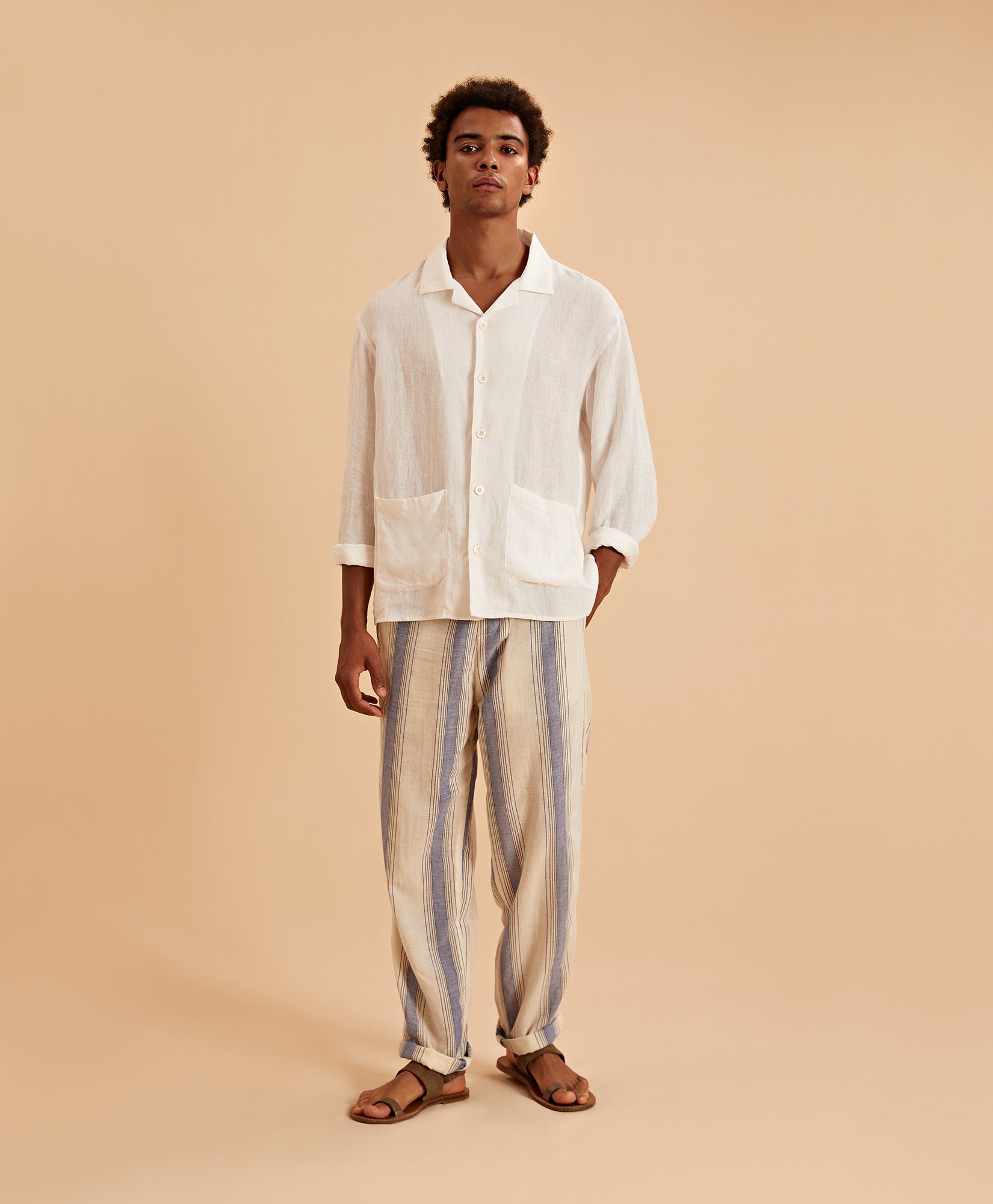 Blue and White Broad Stripe Cotton Drawstring Trousers