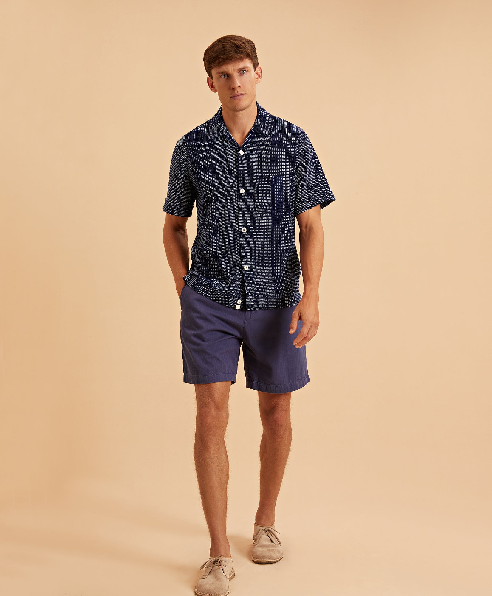 Blue Cotton Herringbone Day Shorts