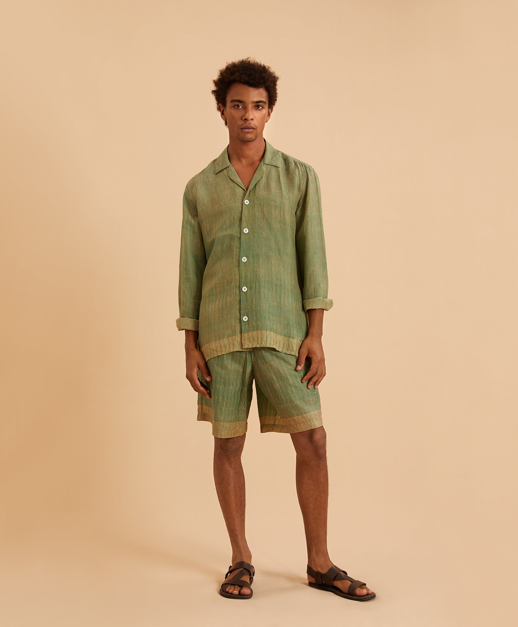 Green Printed Silk Drawstring Shorts