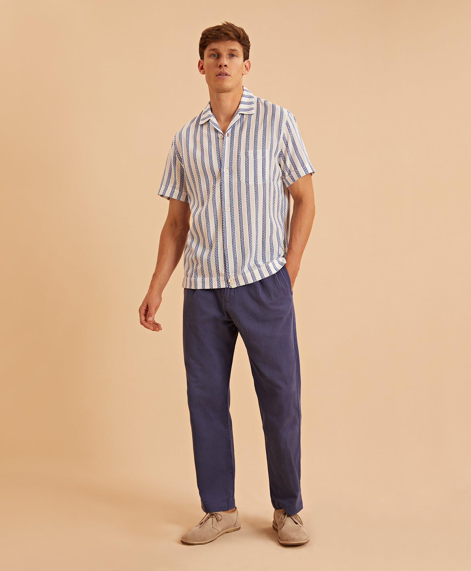 Blue Single-Pleat Cotton Trousers